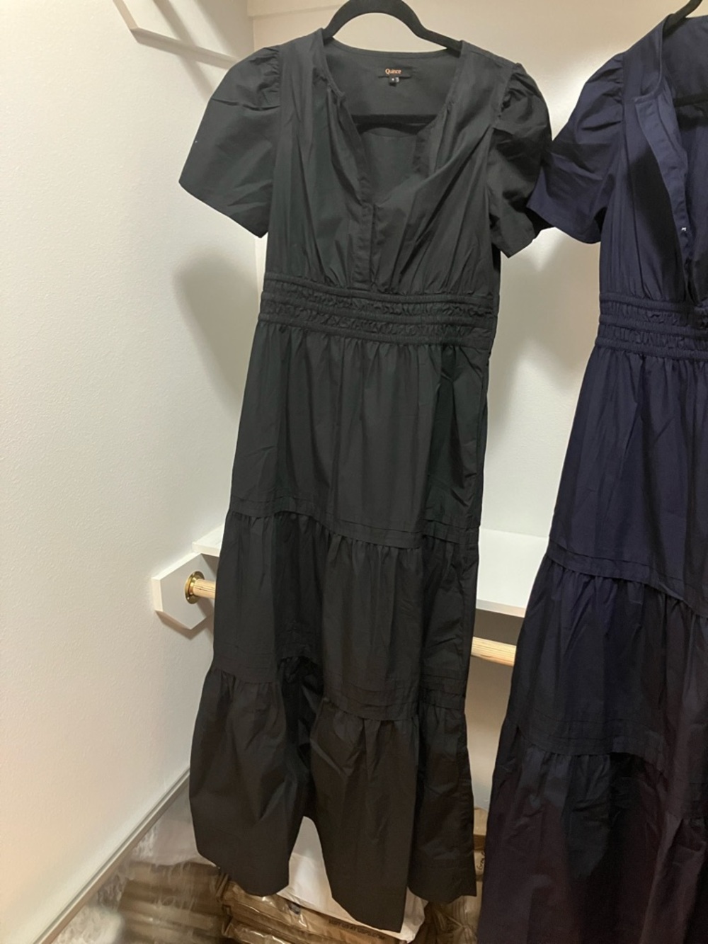 Quince Cotton Poplin Black V-Neck Tiered Maxi Dress with Puff Sleeves Small